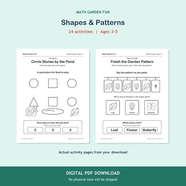 Shapes & Patterns, 24 printable activities for ages 3-5. Two actual activity pages on an aqua background. Digital PDF download; no physical item.