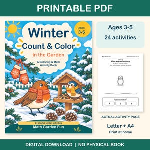 Winter Count & Color printable PDF for ages 3-5: colorful cover beside an actual black-and-white worksheet. 24 activities, Letter and A4. Digital download; no physical book.