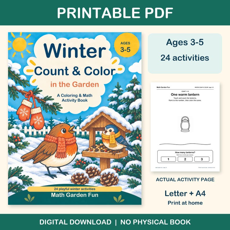 Winter Count & Color printable PDF for ages 3-5: colorful cover beside an actual black-and-white worksheet. 24 activities, Letter and A4. Digital download; no physical book.