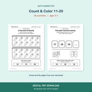 May include: Two educational activity pages titled Math Garden Fun Count & Color 11-20. The left page features carrot counting exercises, while the right page shows a number sequence path with a snail and butterfly illustration for children ages 5-7.