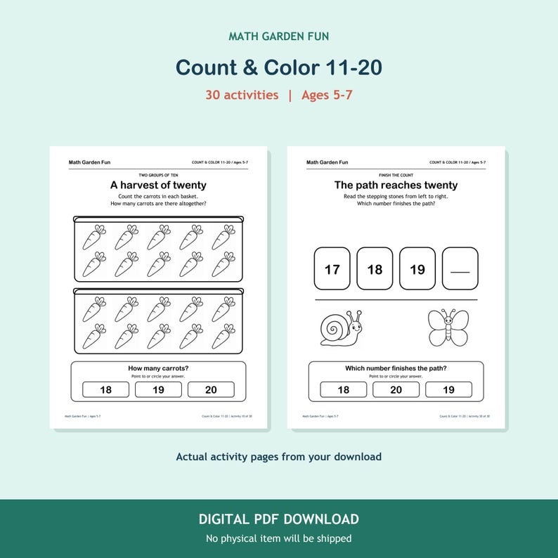 May include: Two educational activity pages titled Math Garden Fun Count & Color 11-20. The left page features carrot counting exercises, while the right page shows a number sequence path with a snail and butterfly illustration for children ages 5-7.