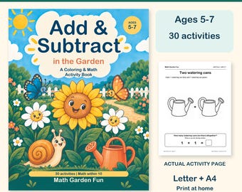 Actividades imprimibles de suma y resta en el jardín, para niños de 5 a 7 años (PDF)