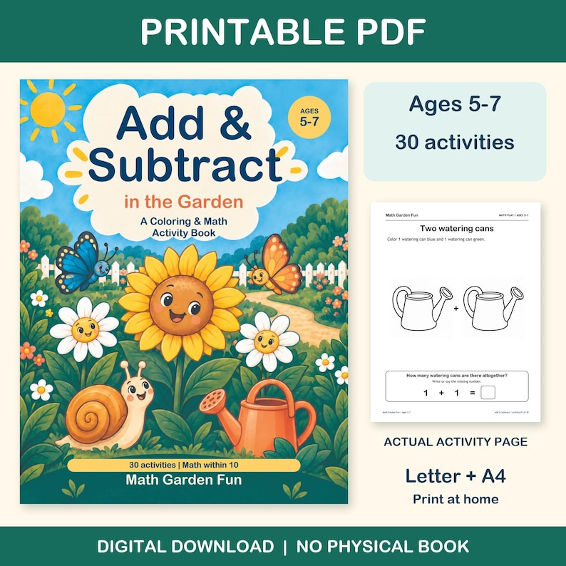 Add & Subtract in the Garden printable PDF for ages 5-7: colorful cover beside an actual black-and-white worksheet. 30 activities, Letter and A4. Digital download; no physical book.