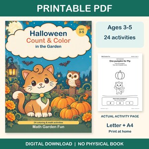 Halloween Count & Color printable PDF for ages 3-5: colorful cover beside an actual black-and-white worksheet. 24 activities, Letter and A4. Digital download; no physical book.