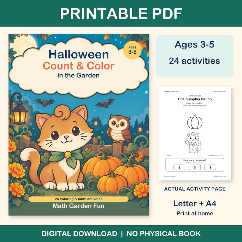 Halloween Count & Color printable PDF for ages 3-5: colorful cover beside an actual black-and-white worksheet. 24 activities, Letter and A4. Digital download; no physical book.