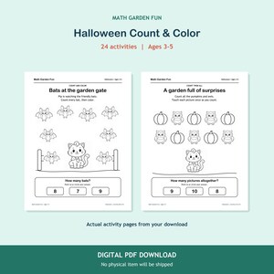 K&ouml;nnte beinhalten: Zwei schwarz-wei&szlig;e, druckbare Aktivit&auml;tsseiten mit dem Titel Math Garden Fun Halloween Count & Color. Die Seiten enthalten Strichzeichnungen von Flederm&auml;usen, K&uuml;rbissen, Eulen und einer Katze sowie Z&auml;hl&uuml;bungen und Zahlenfelder f&uuml;r Kinder.