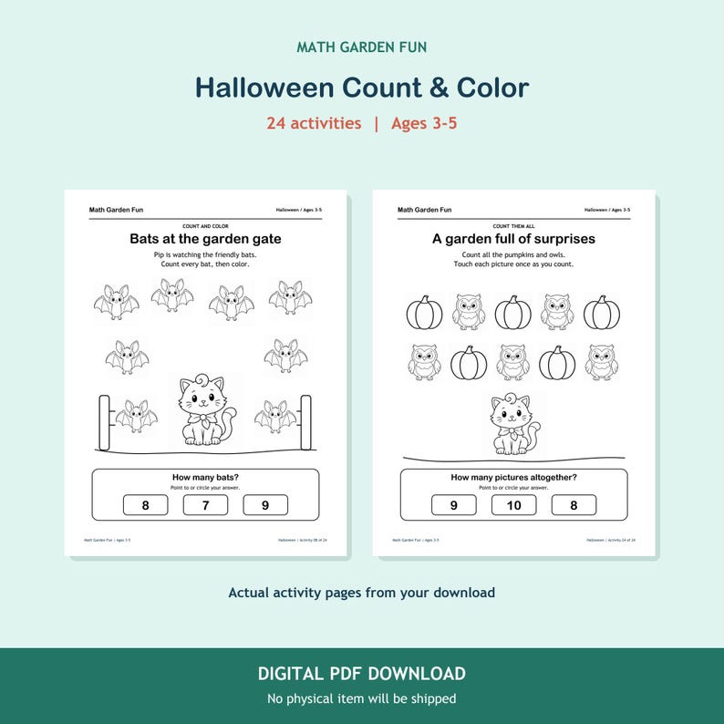 K&ouml;nnte beinhalten: Zwei schwarz-wei&szlig;e, druckbare Aktivit&auml;tsseiten mit dem Titel Math Garden Fun Halloween Count & Color. Die Seiten enthalten Strichzeichnungen von Flederm&auml;usen, K&uuml;rbissen, Eulen und einer Katze sowie Z&auml;hl&uuml;bungen und Zahlenfelder f&uuml;r Kinder.