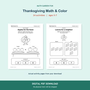 Thanksgiving Math & Color, 24 printable activities for ages 5-7. Two actual activity pages. Digital PDF download; no physical item.