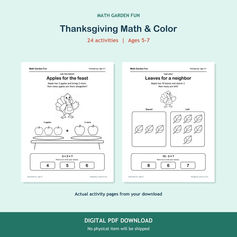 Thanksgiving Math & Color, 24 printable activities for ages 5-7. Two actual activity pages. Digital PDF download; no physical item.