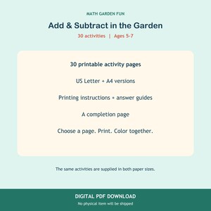 Pode incluir: Um conjunto de atividades digitais imprim&iacute;veis intitulado Math Garden Fun: Add & Subtract in the Garden para idades de 5 a 7 anos. Inclui 30 p&aacute;ginas de atividades, vers&otilde;es em formato US Letter e A4, instru&ccedil;&otilde;es de impress&atilde;o e guias.