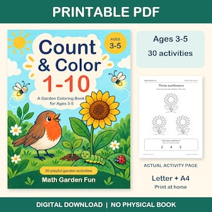 Count & Color 1-10 printable PDF for ages 3-5: colorful cover beside an actual black-and-white worksheet. 30 activities, Letter and A4. Digital download; no physical book.