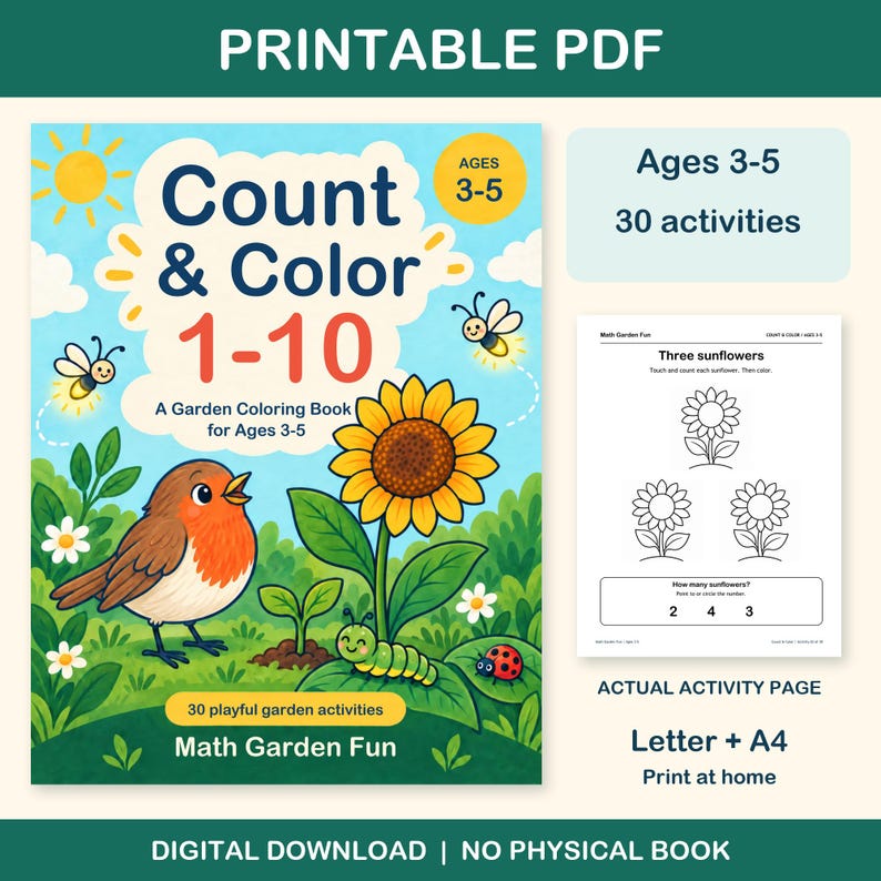Count & Color 1-10 printable PDF for ages 3-5: colorful cover beside an actual black-and-white worksheet. 30 activities, Letter and A4. Digital download; no physical book.