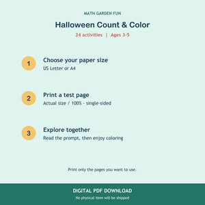 K&ouml;nnte beinhalten: Eine digitale Anleitung mit dem Titel MATH GARDEN FUN Halloween Count & Color mit 24 Aktivit&auml;ten f&uuml;r 3- bis 5-J&auml;hrige. Sie listet drei Schritte auf: 1. Papierformat w&auml;hlen US Letter oder A4, 2. Testseite drucken, 3. Gemeinsam erkunden. Text: DIGITAL PDF DOWNLOAD.