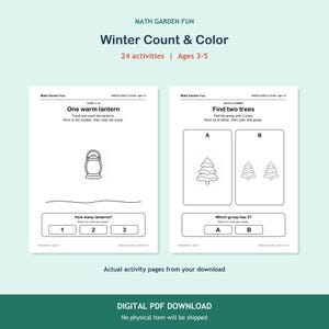 Winter Count & Color, 24 printable activities for ages 3-5. Two actual activity pages. Digital PDF download; no physical item.