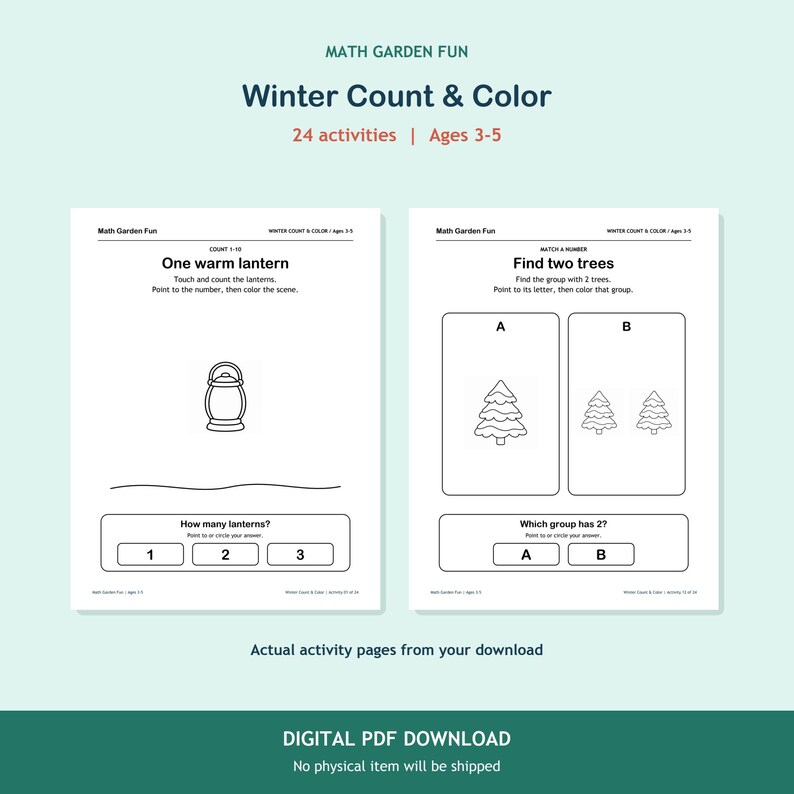 Winter Count & Color, 24 printable activities for ages 3-5. Two actual activity pages. Digital PDF download; no physical item.