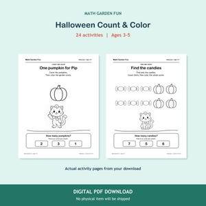 Halloween Count & Color, 24 printable activities for ages 3-5. Two actual activity pages. Digital PDF download; no physical item.
