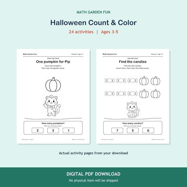 Halloween Count & Color, 24 printable activities for ages 3-5. Two actual activity pages. Digital PDF download; no physical item.