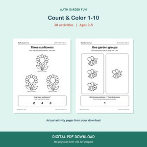 Count & Color 1-10, 30 printable activities for ages 3-5. Two actual activity pages on an aqua background. Digital PDF download; no physical item.