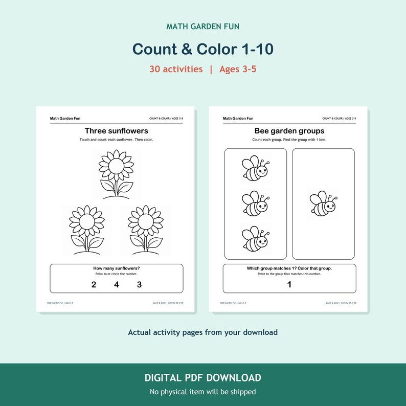 Count & Color 1-10, 30 printable activities for ages 3-5. Two actual activity pages on an aqua background. Digital PDF download; no physical item.