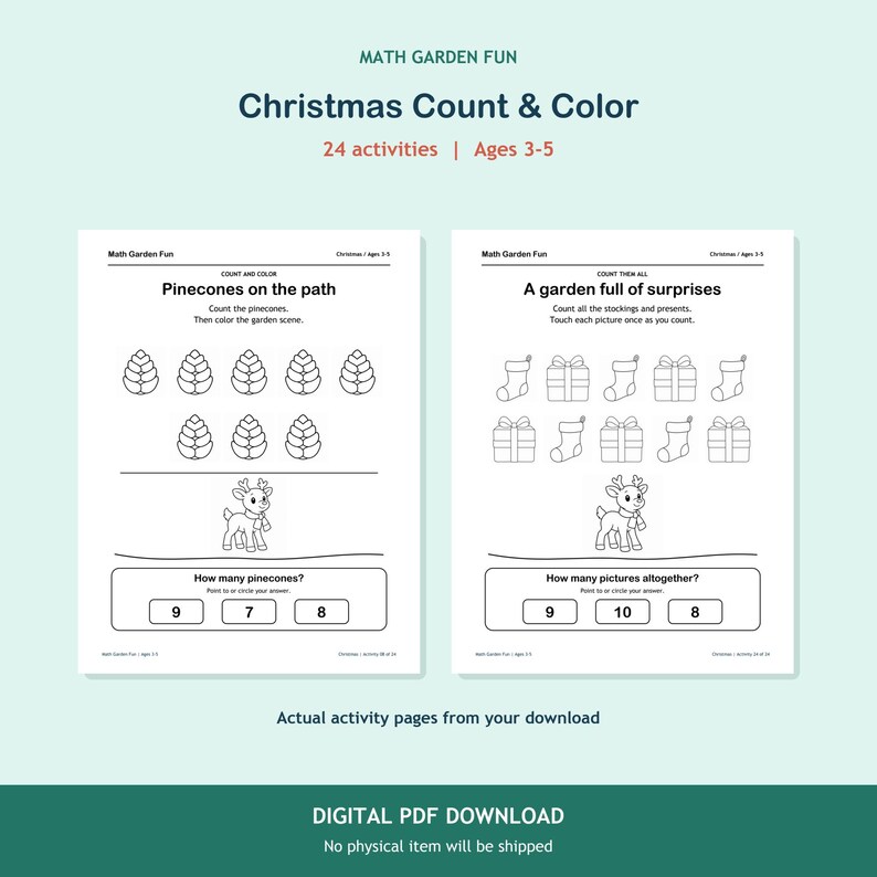 Puede incluir: Dos p&aacute;ginas de actividades blancas tituladas Math Garden Fun Christmas Count & Color. La p&aacute;gina izquierda presenta pi&ntilde;as y un reno con el texto Pinecones on the path. La p&aacute;gina derecha muestra calcetines y regalos con el texto A garden full of surprises.