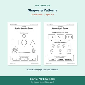 May include: Two white activity pages titled Math Garden Fun: Shapes & Patterns for ages 3-5. The left page features Snail's Stepping Stones with shape matching exercises. The right page shows Garden Party Review with pattern completion tasks.