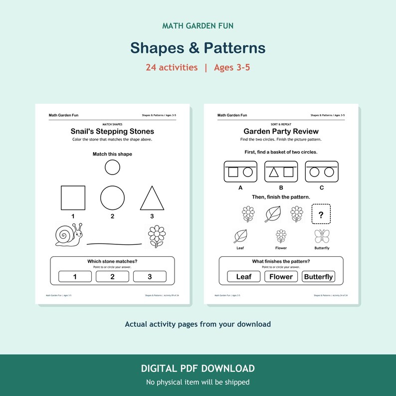 May include: Two white activity pages titled Math Garden Fun: Shapes & Patterns for ages 3-5. The left page features Snail's Stepping Stones with shape matching exercises. The right page shows Garden Party Review with pattern completion tasks.