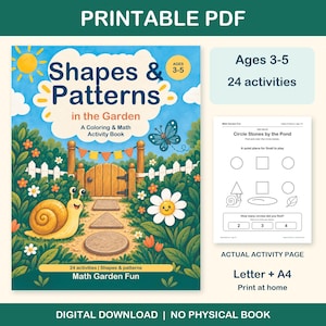 Shapes & Patterns printable PDF for ages 3-5: colorful cover beside an actual black-and-white worksheet. 24 activities, Letter and A4. Digital download; no physical book.
