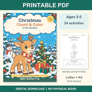 Christmas Count & Color printable PDF for ages 3-5: colorful cover beside an actual black-and-white worksheet. 24 activities, Letter and A4. Digital download; no physical book.