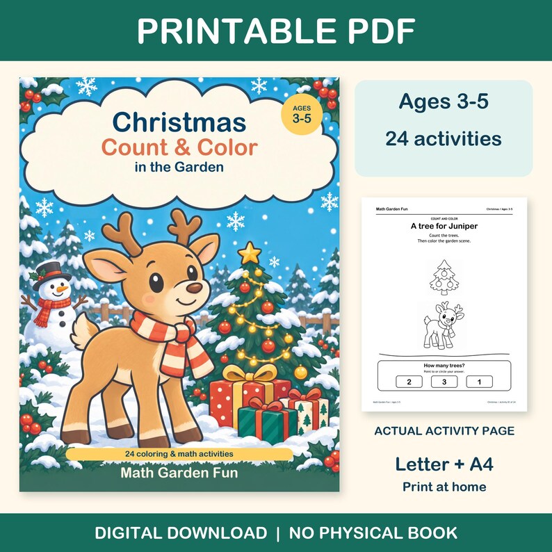 Christmas Count & Color printable PDF for ages 3-5: colorful cover beside an actual black-and-white worksheet. 24 activities, Letter and A4. Digital download; no physical book.