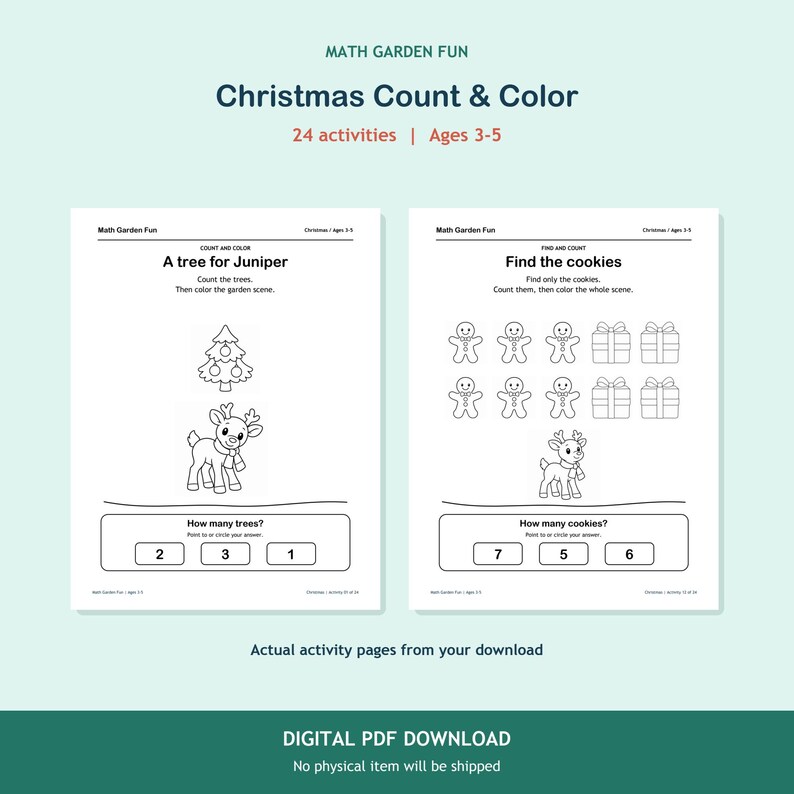 Christmas Count & Color, 24 printable activities for ages 3-5. Two actual activity pages. Digital PDF download; no physical item.
