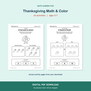 Puede incluir: Dos p&aacute;ginas de actividades matem&aacute;ticas imprimibles en blanco y negro tituladas Math Garden Fun, Thanksgiving Math & Color. Las p&aacute;ginas incluyen ilustraciones de pavos, problemas de resta de zanahorias y sumas de trozos de tarta.