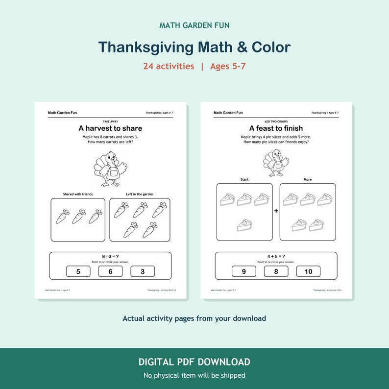 Puede incluir: Dos p&aacute;ginas de actividades matem&aacute;ticas imprimibles en blanco y negro tituladas Math Garden Fun, Thanksgiving Math & Color. Las p&aacute;ginas incluyen ilustraciones de pavos, problemas de resta de zanahorias y sumas de trozos de tarta.
