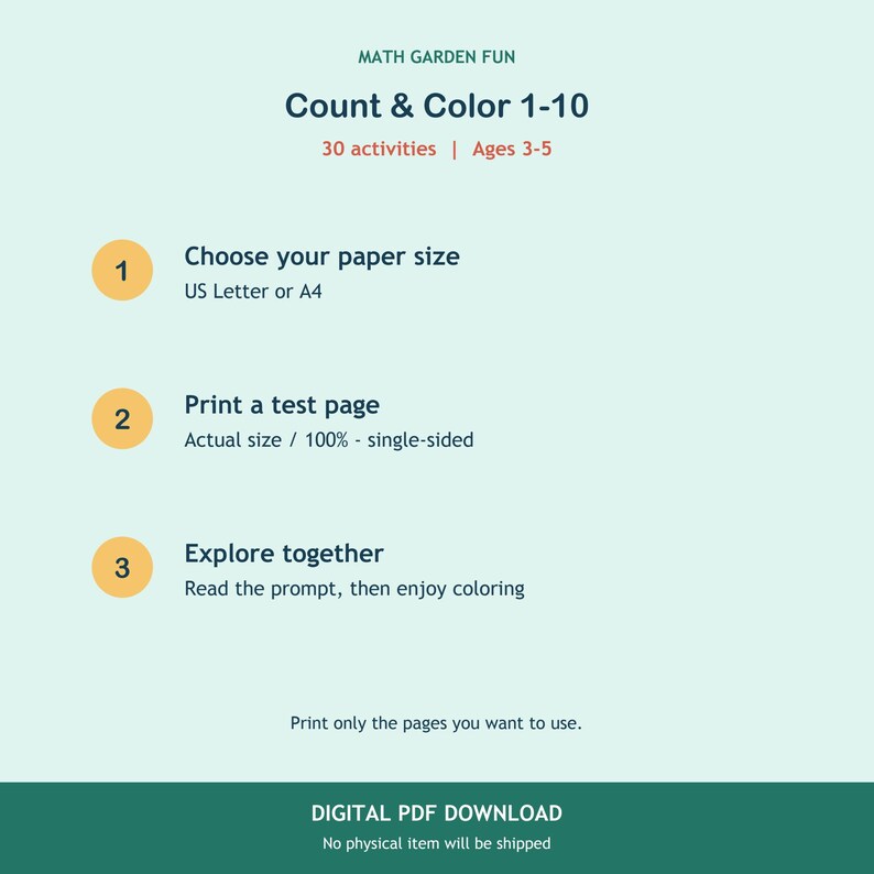 May include: A digital instructional graphic titled MATH GARDEN FUN Count & Colour 1-10 with 30 activities for ages 3-5. It lists three steps: 1. Choose your paper size US Letter or A4, 2. Print a test page at 100% size, 3. Explore together by colouring.
