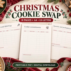 Pode incluir: Um conjunto de planejadores imprimíveis para troca de biscoitos de Natal com três páginas contendo tabelas para listas de convidados, compromissos de biscoitos e planos de embalagem. O documento inclui o texto CHRISTMAS COOKIE SWAP, 8 PAGES, A4 + US LETTER.