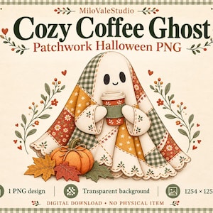 May include: A digital illustration of a ghost covered in a patchwork quilt, holding a coffee cup, with a pumpkin and autumn leaves. The text reads MiloValeStudio, Cozy Coffee Ghost, Patchwork Halloween PNG, 1 PNG design, 1254 x 1254 px.