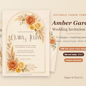 Fall Wedding Invitation Suite, Beige Dusty Orange Butter Yellow Rose Die-Cut Save the Date RSVP Menu Entourage, Editable Canva Template