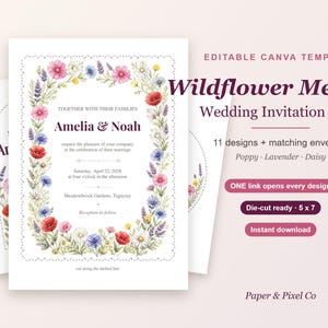 Wildflower Wedding Invitation Suite, Die-Cut Save the Date RSVP Menu Entourage Attire Guide, Editable Canva Template, Boho Meadow Printable