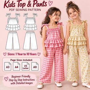 May include: A PDF sewing pattern for a kids top and pants set, featuring text Kids Top & Pants, Sizes: 1 Year to 10 Years, and Page Sizes Included: A3, A4, US Letter, A0. Includes line drawings of a ruffled top and wide-leg pants with tie straps.