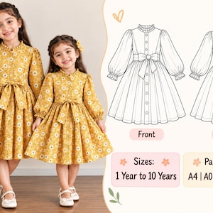 May include: A mustard yellow dress with a white daisy floral pattern, featuring long sleeves with ruffled cuffs, a button-down front, a high ruffled collar, and a waist tie. Includes a technical line drawing showing front and back views.