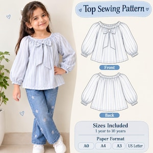 May include: A sewing pattern for a long-sleeved top with a gathered neckline and a bow detail. The pattern includes front and back technical sketches, and specifies sizes from 1 year to 10 years, with paper formats A0, A4, A3, and US Letter.
