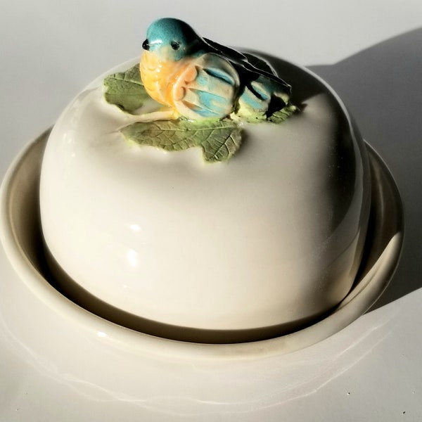 White Butter Dish, Yellow and Blue Song Bird Handle, Ceramic, Handmade, Sculpted, White Dish, Kitchen Décor, Dining