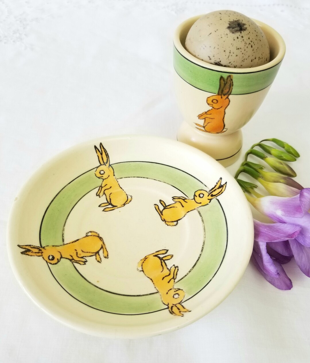 Vintage Rabbit Egg Cup and Plate, American Art Pottery, Hand Painted