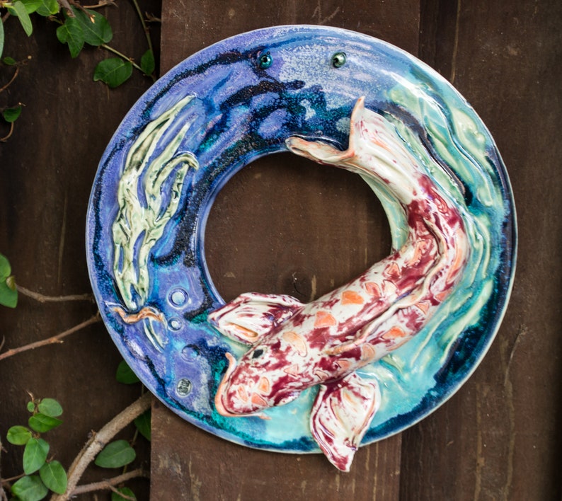 Red Orange Koi Fish Relief Sculpted Ceramic Wreath Wall Etsy