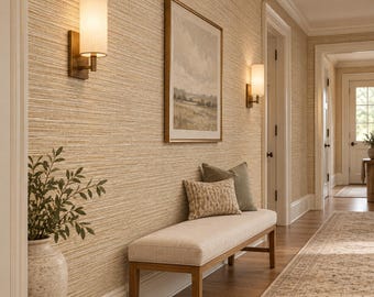 Oatmeal Faux Grasscloth Wallpaper, Neutral Woven Look