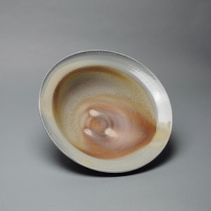 May include: A ceramic bowl with a unique, swirling design. The interior features shades of brown, tan, and cream, creating a textured, organic appearance. The rim is a light gray, and the bowl is set against a gray background.