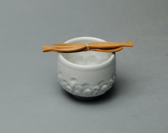 Clay Salt Cellar Bowl White with Wood Fork and Spoon V 38