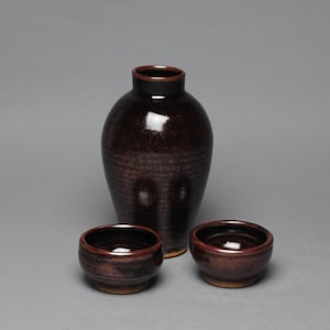 Sake Whiskey  Set  with Two Cups Temmoku Black W 13
