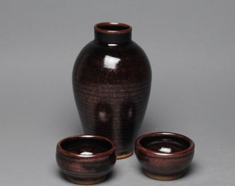 Sake Whiskey  Set  with Two Cups Temmoku Black W 13