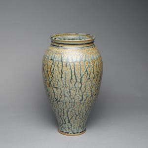 May include: A ceramic vase with a tapered base and a wide, rounded body that narrows toward the rim. The surface features a complex, branching glaze pattern in shades of light blue, grey, and golden brown, creating a textured, organic appearance.