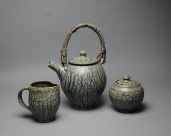 Clay Teapot Set with Cane Handle W 44